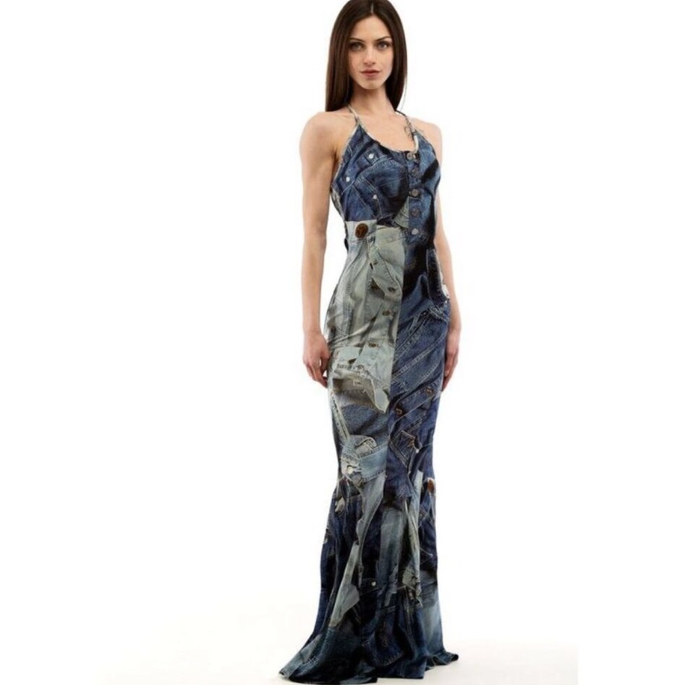 Blue Denim Print Maxi Dress